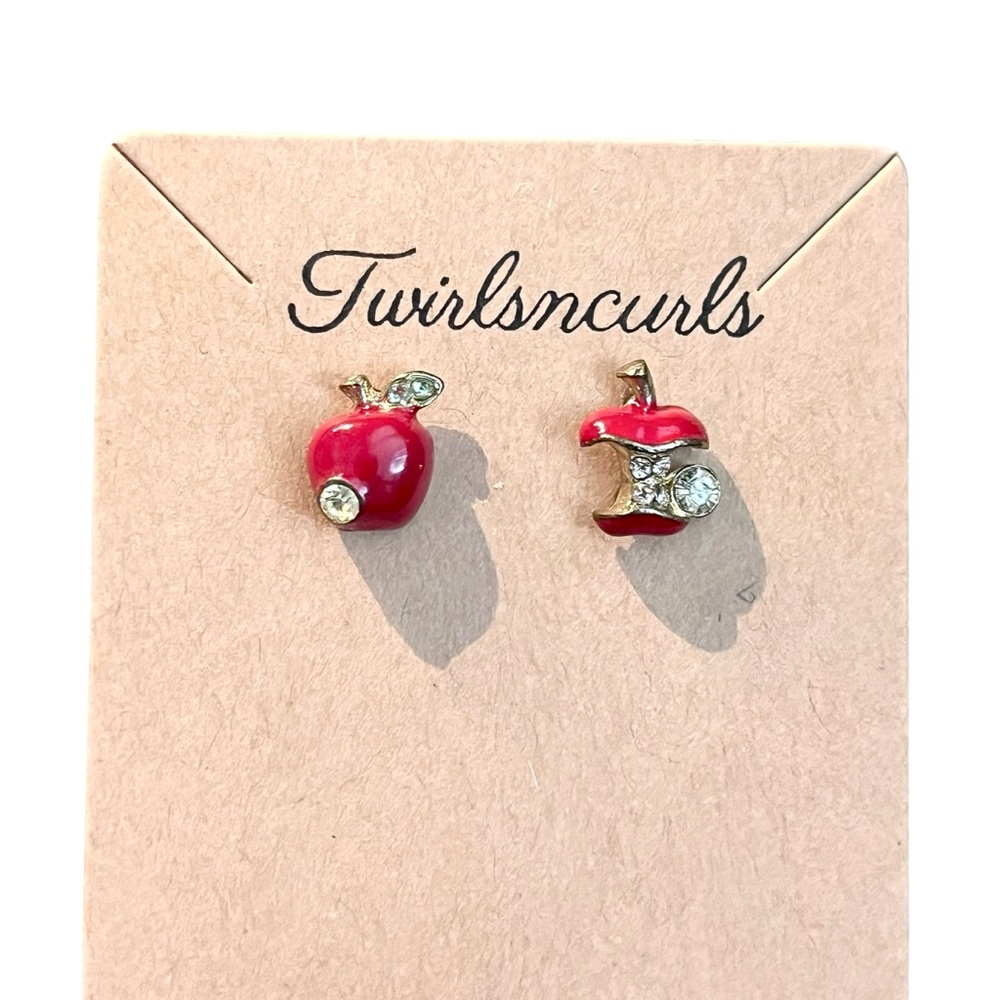 Red Apple Stud Earrings with Rhinestones